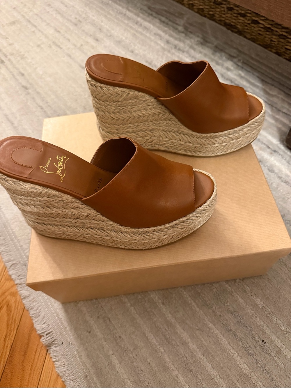 Christian Louboutin Ariella Zeppa 130 Tan Leather Espadrille Wedge Slide Sandals